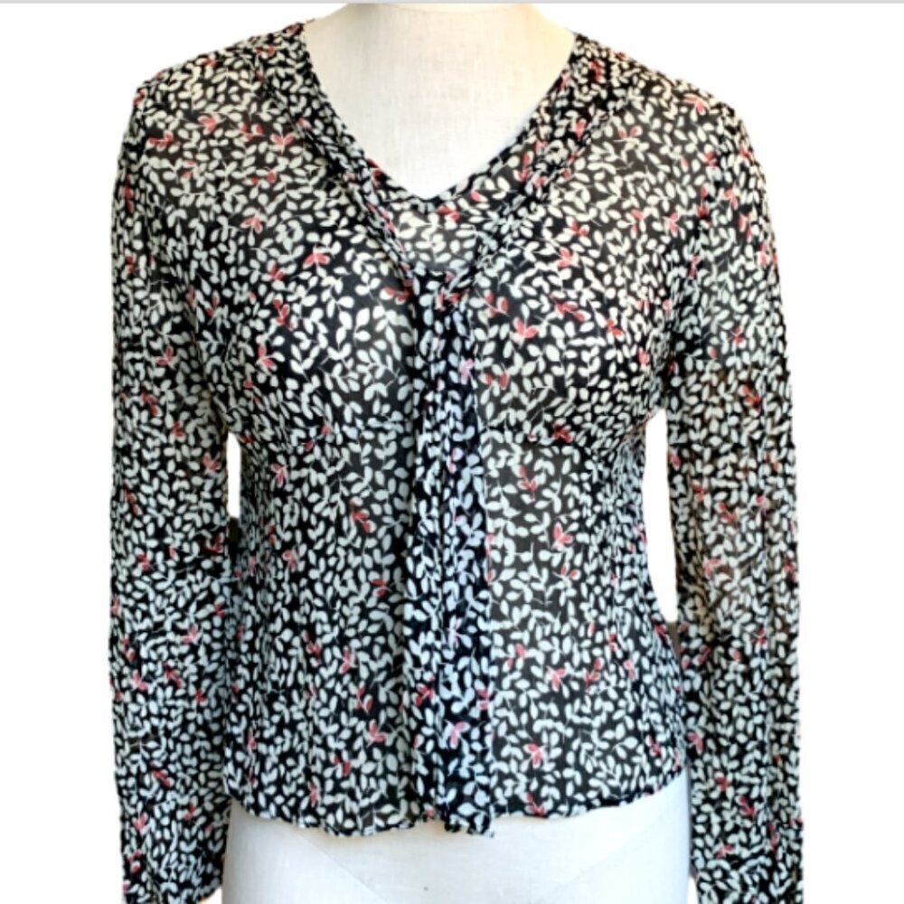 J. Jill Leaf Print Blouse Tie Front V-Neck Chiffon Crepe‎ Sz SP Black #19D
